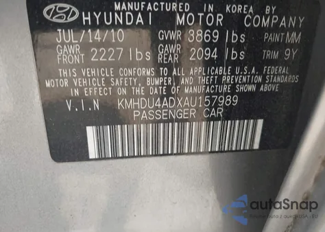 2010 Hyundai Elantra Gls из США, поврежденный, VIN KMHDU4ADXAU157989